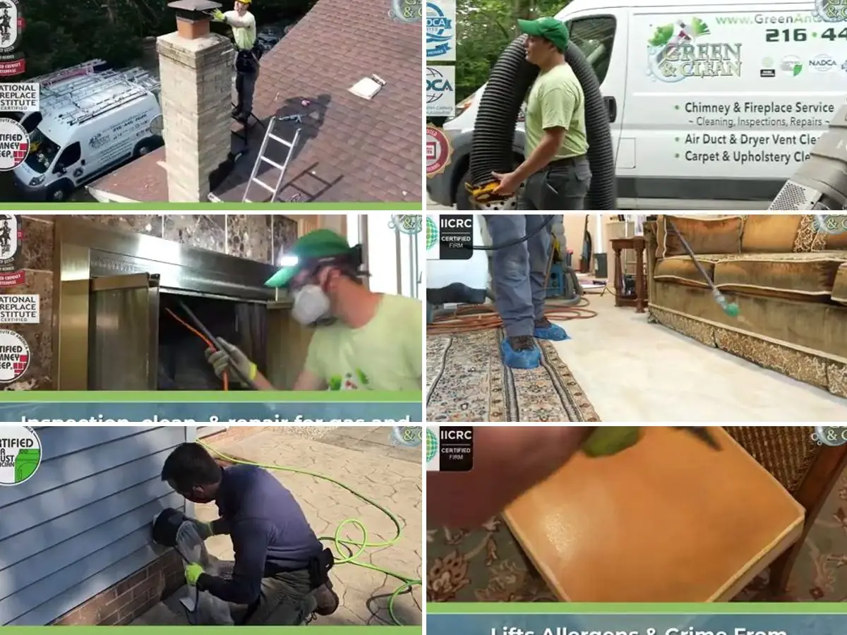 Green and Clean technicians on chimney, air duct, fireplace, carpet, dryer vent and upholstery jobs